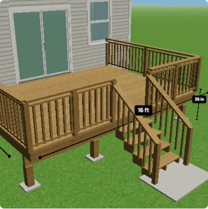 The 16 × 12 ft pressure-treated deck, 36 in high, attached to the house, wood railing, stairs on the front you start with, drawn against the back of a house, with a railing all round and steps down to the lawn.