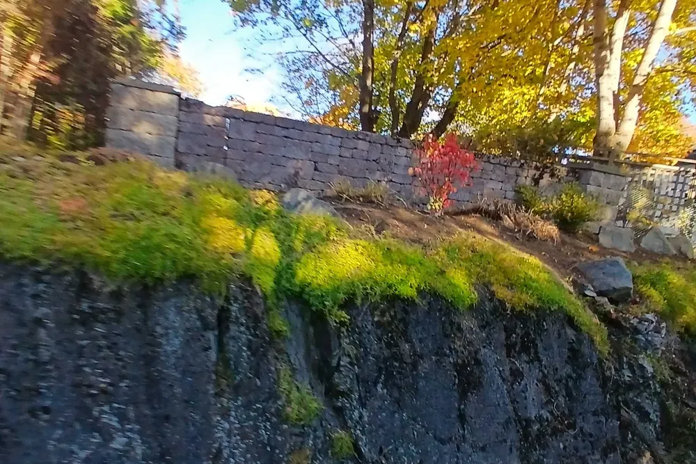 The same bank after the job: the long grass gone, moss over the rock and the bed along the wall cleaned out