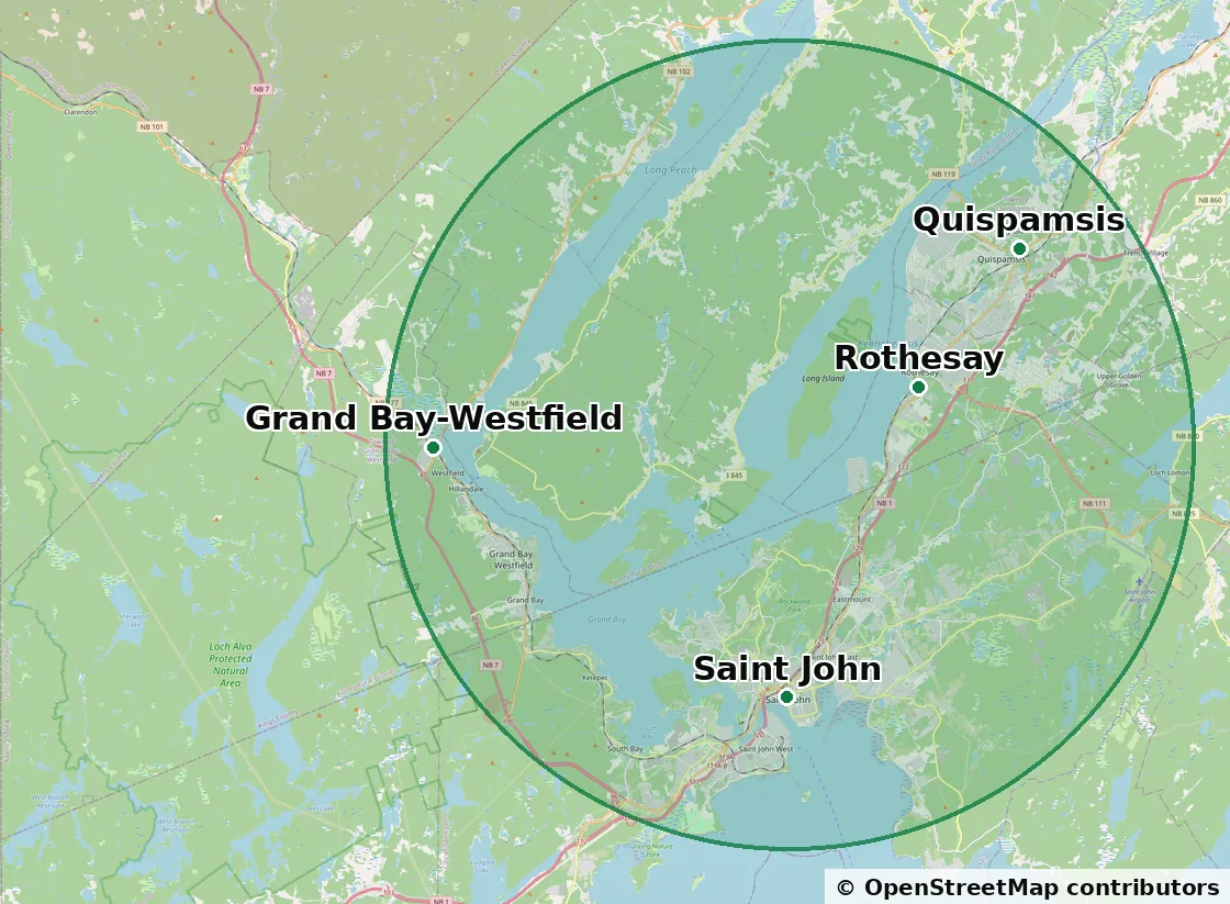 Map of the Saint John region with a circle marking the service area, covering Saint John, Rothesay, Quispamsis and Grand Bay-Westfield