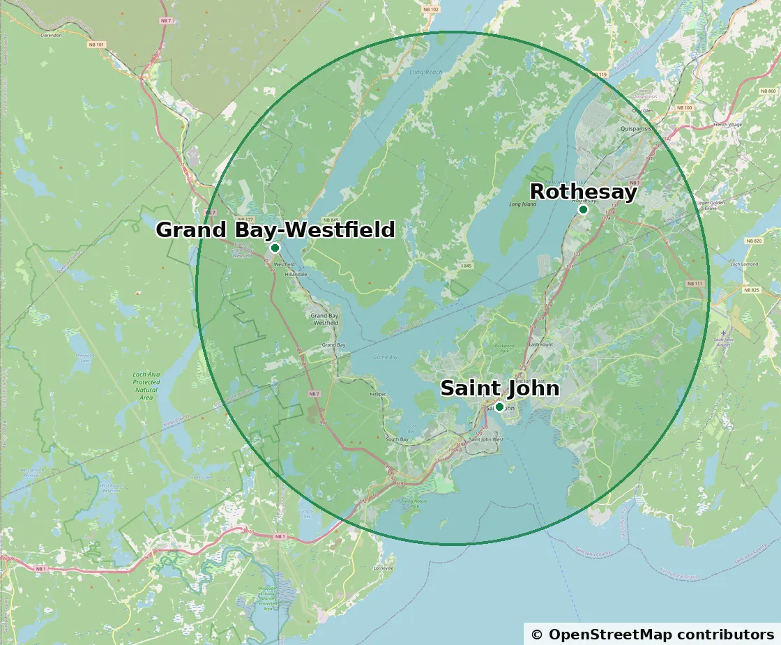 Map of the Saint John region with a circle marking the service area, covering Saint John, Rothesay and Grand Bay-Westfield